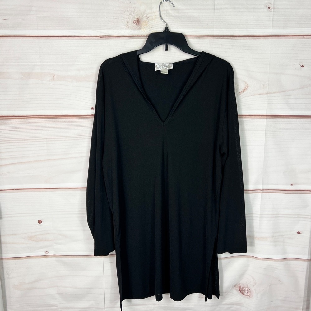 J Valdi Top Womens M Black Hooded Tunic Shirt Long Sleeve Lightweight Coverup